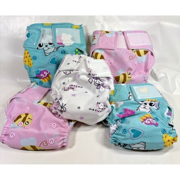 KaWaii Baby 5 One Size Printed Cloth Diapers with Inserts 0-18 Mos/6-22 LBS - Picture 1 of 9